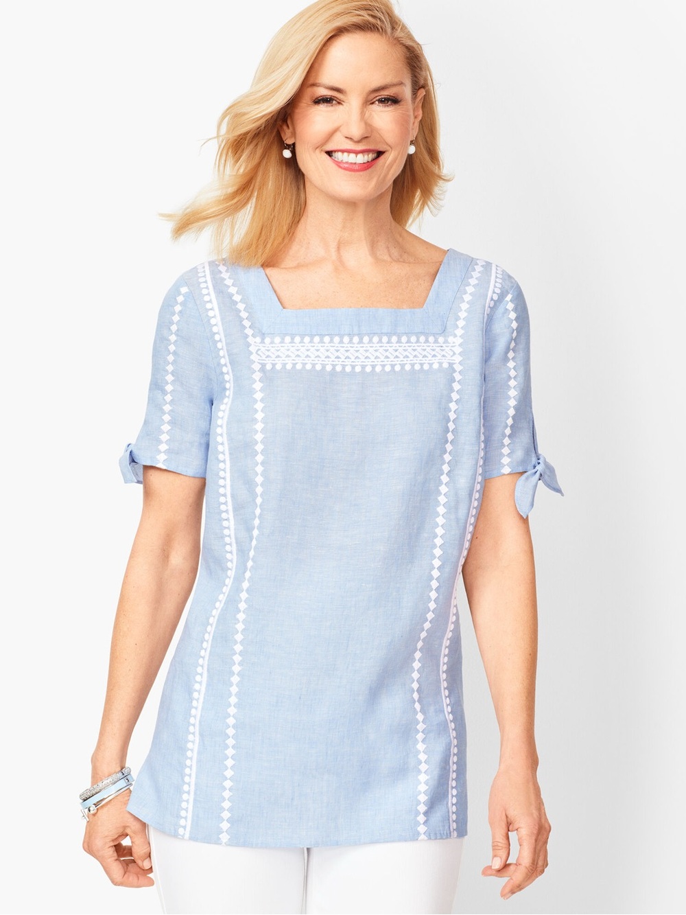 Talbots Light Blue Embroidered Square-Neck 100% Linen Top